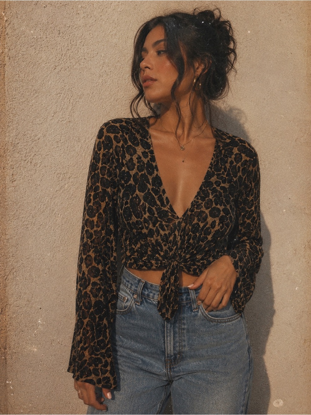 Leopard Print Shimmer Tie-Front Cardigan Top Black Tan Glam - Picture 1 of 6